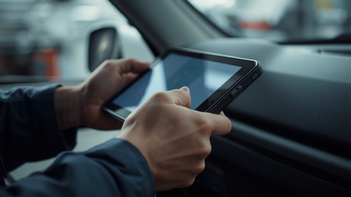 A hand-held diagnostic tablet plugged into a car, showing fault-code readouts